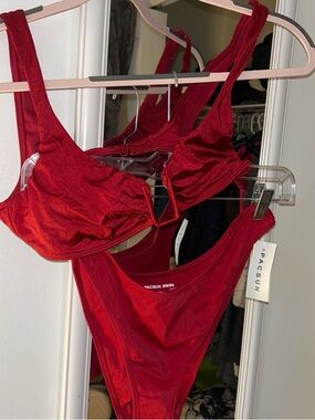PacSun Red Women's Bikini Set - Scoop Top & High Leg Bottoms